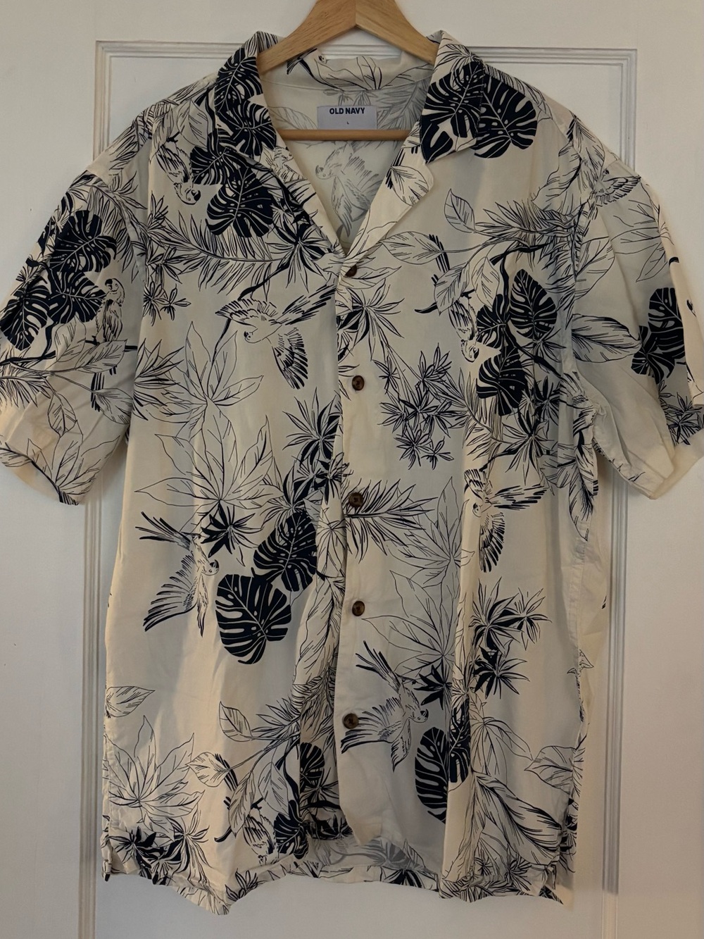 Old Navy Cream Short-Sleeve Button-Up Shirt with Navy Tropical Print